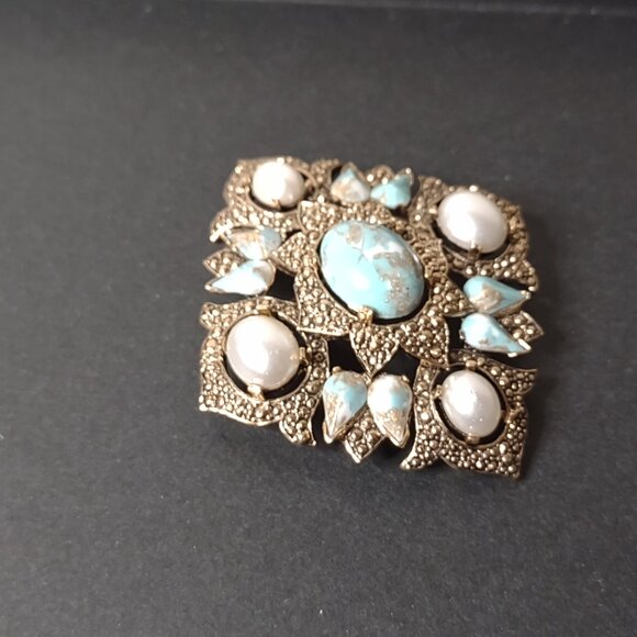 Pretty Blue And Gold Tone Diamond Shaped Sarah Coventry Large Brooch - Picture 11 of 13